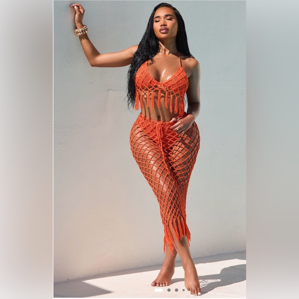 Fashion Nova Orange Crochet Fringe Cover-Up Set